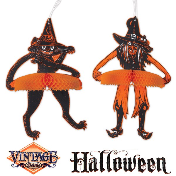 Vintage Halloween Hängefiguren Hexe Katze