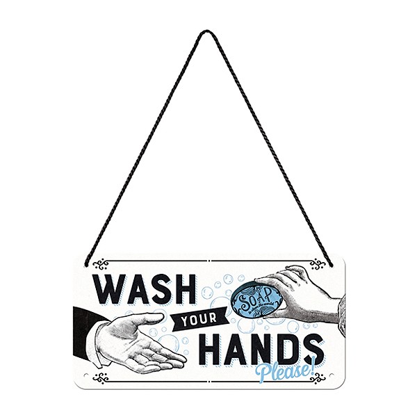 Hängeschild Blech Wash your hands 20x10cm