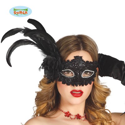 Halbmaske schwarz Federn