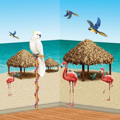 Wanddeko-Set Tiki-Vögel und Hütten